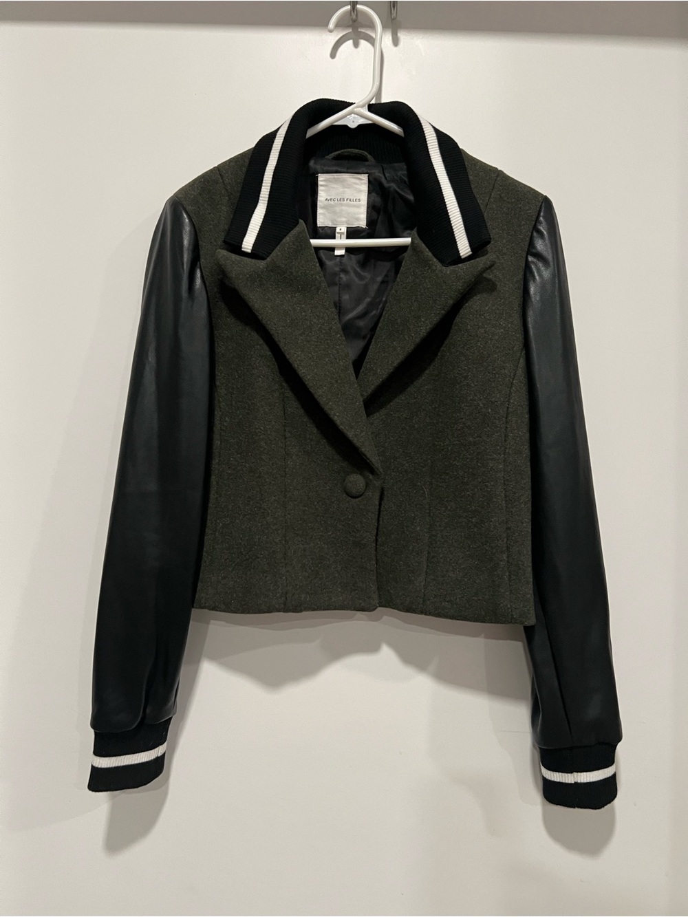 Avec Les Filles Olive Green Wool-Blend Bomber Jacket with Black Sleeves